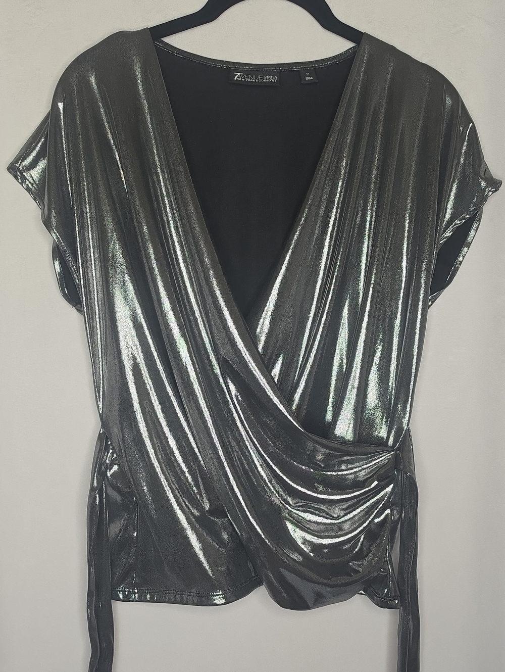 New York & Company 7th Avenue‎ Metallic Silver Wrap Top M Back Tie Blouse